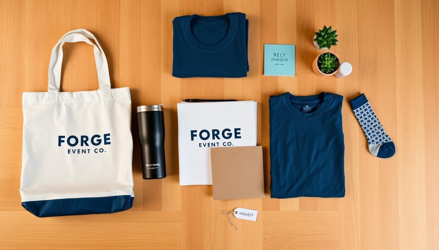 Flatlay of curated swag bag contents — premium branded promotional products for events