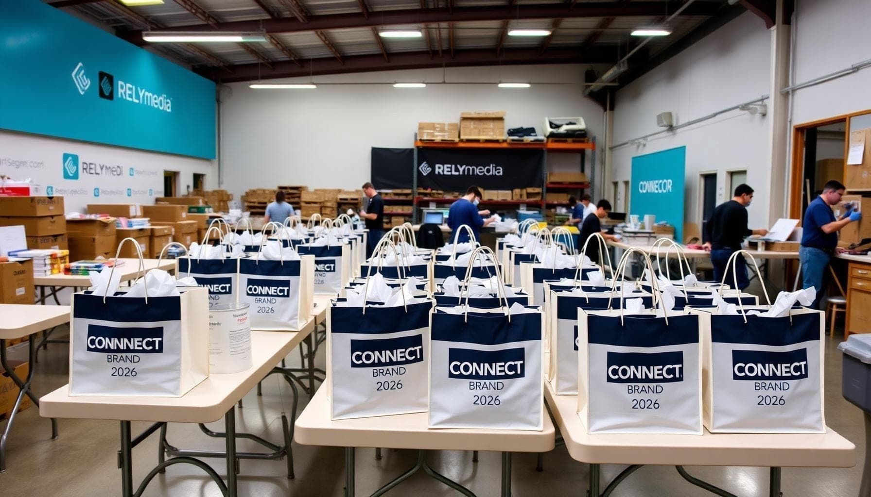 Branded swag bag filled with custom promotional products — event marketing giveaway ideas