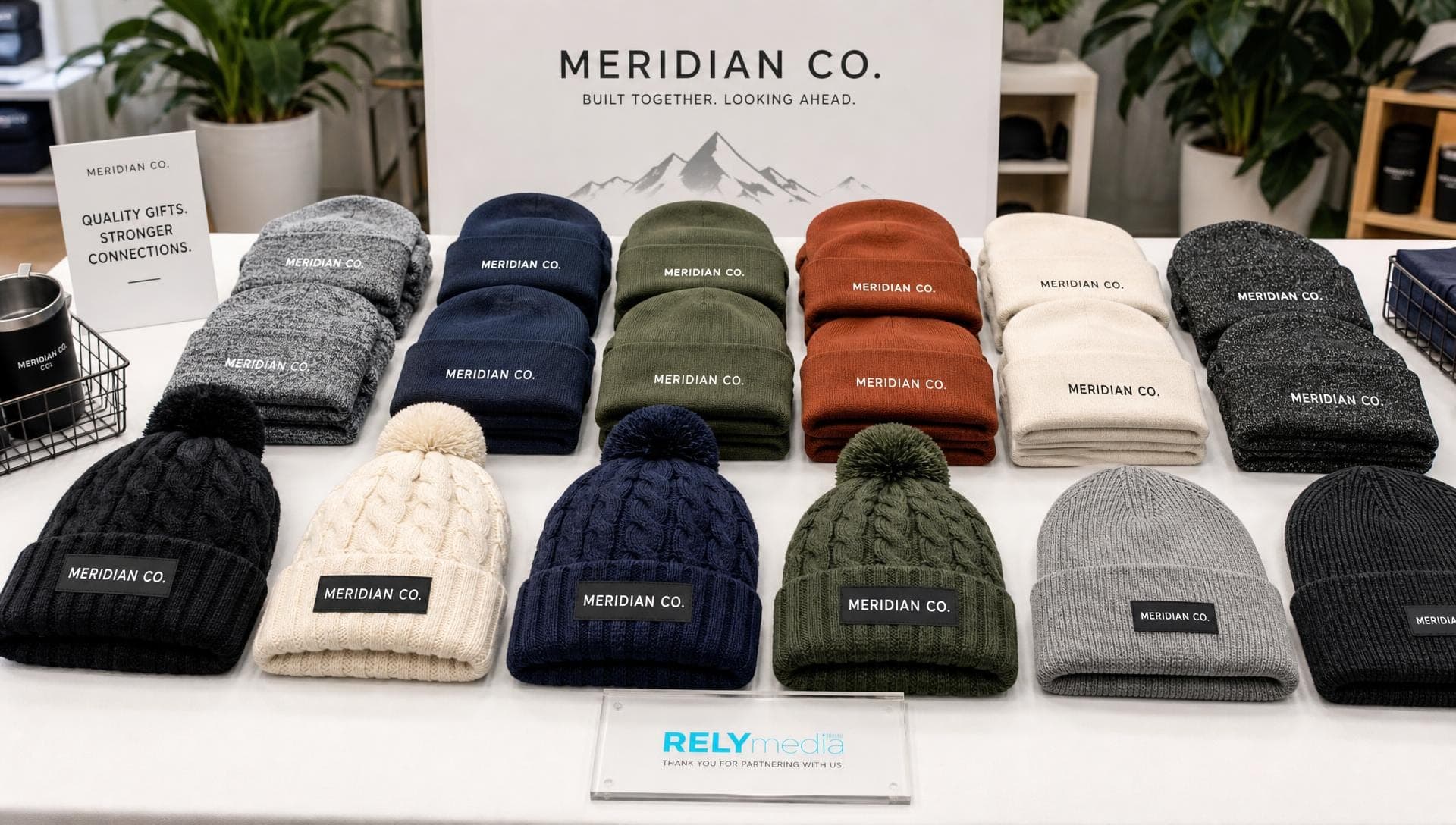 Branded beanies packaged for corporate gifting